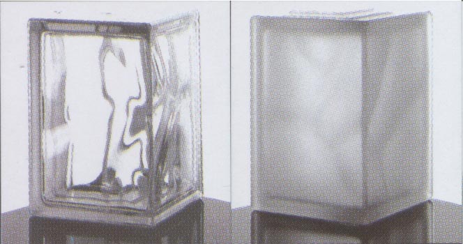 Bloques de vidrio para estructuras verticales. Formas especiales: Angular 90º ondulado transparente ó satinado. - Terminales: lineal transparente ó curvo transpartente.