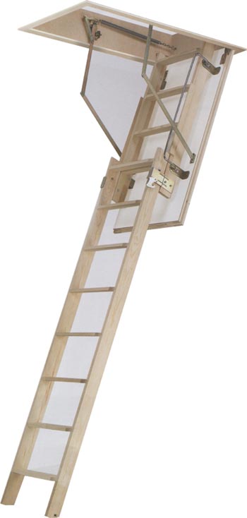 Escalera escamoteable de madera de pino formada por dos tramos. El primer tramo queda sujeto a la tapa, mientras que el segundo se desliza por encima del primero. Se suministra montada. Estanqueidad al aire clase 4.